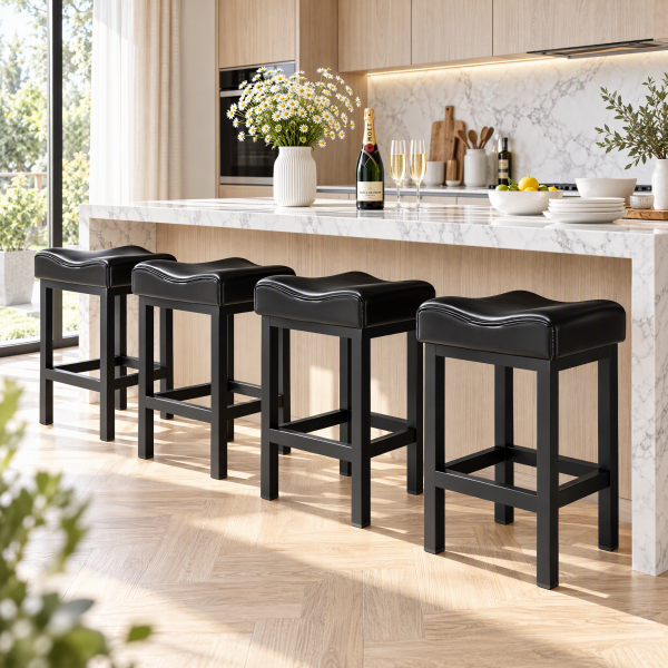 Bar Stools Set of 2, 24 Inch Counter Height BarStools for Kitchen Island, Faux Leather Thick Saddle Seats & Heavy Duty Metal Base, Easy Assembly